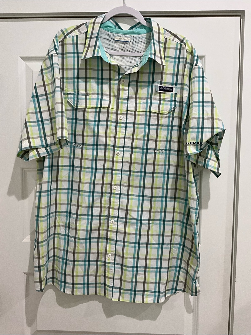 Columbia Men's Plaid Button-Up Shirt - White, Teal & Lime